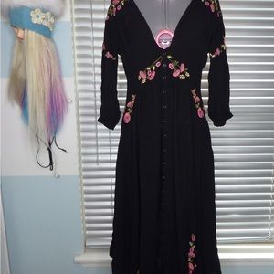 Free People black, long, flower embroidery dress, 3/4 sleeve, Medium